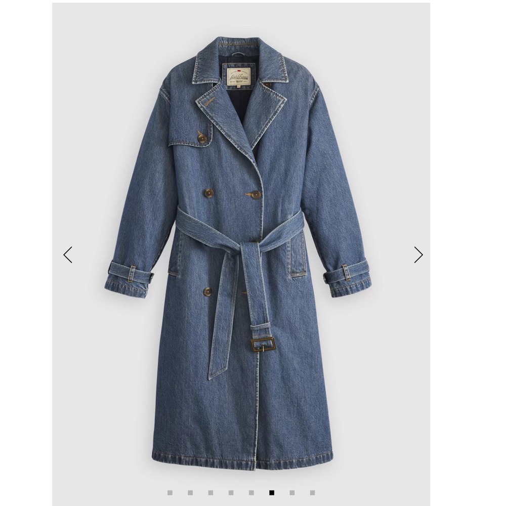 Levi Spade Trench Coat Womens Large Blue Denim Double Breasted Belted Longline